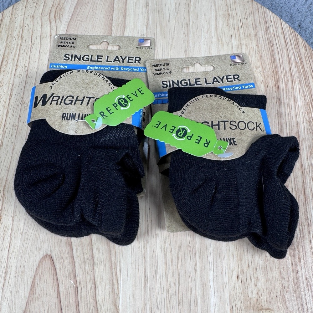 Wrightsock Run Luxe Medium Men 5-8 Women 6.5-9 Black Cushion Single Layer 2 Pair